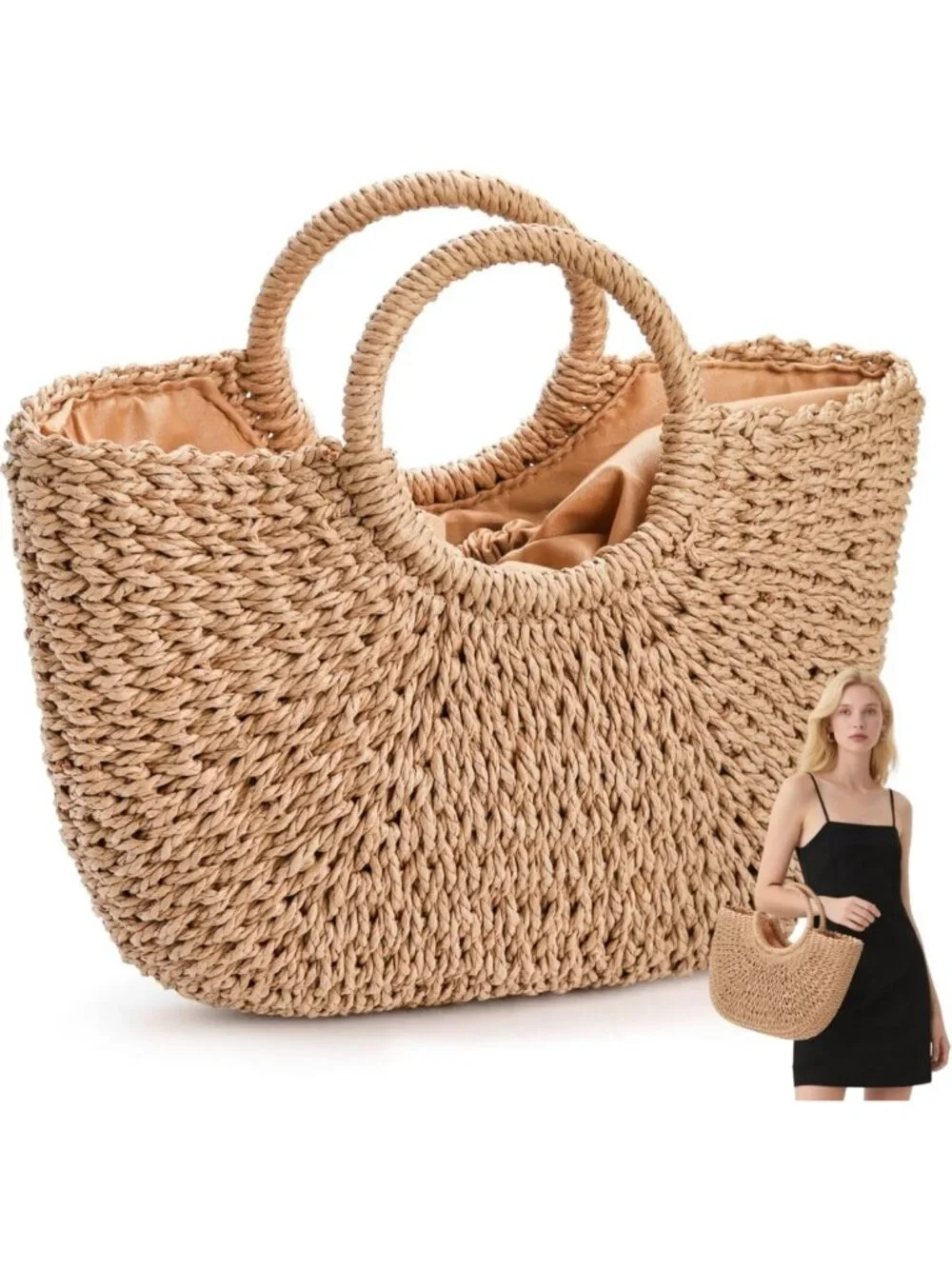 Large Handwoven Straw Beach Bag - Casual Rattan Tote & Clutch for Summer Travel